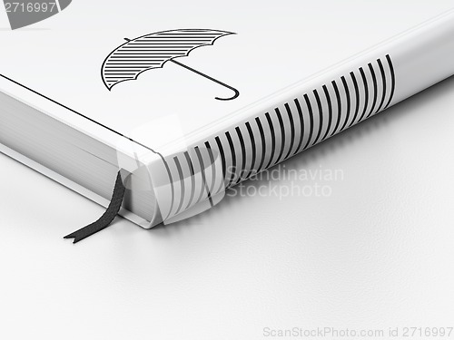 Image of Security concept: closed book, Umbrella on white background