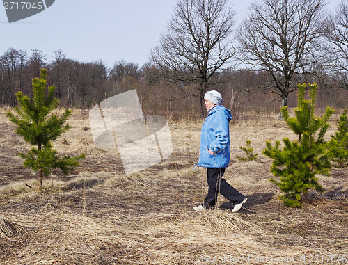 Image of One elderly woman  in the woods in spring