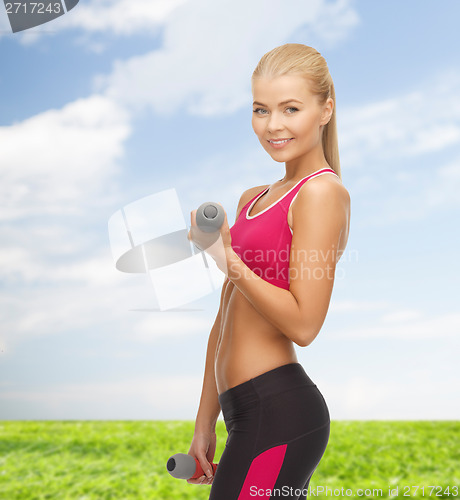 Image of young sporty woman with light dumbbells