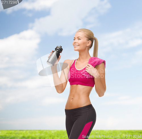 Image of sporty woman drinking water from sportsman bottle