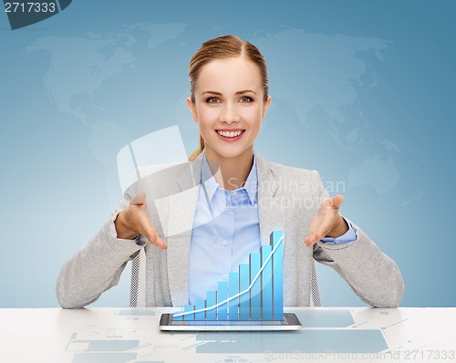 Image of smiling businesswoman with tablet pc