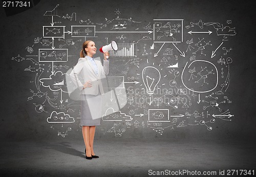 Image of smiling businesswoman with megaphone