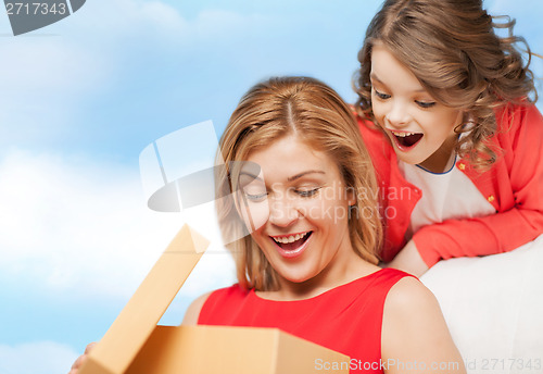 Image of smiling mother and daughter with gift box