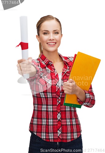 Image of smiling woman with diploma and folders