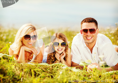 Image of happy family with blue sky and green grass
