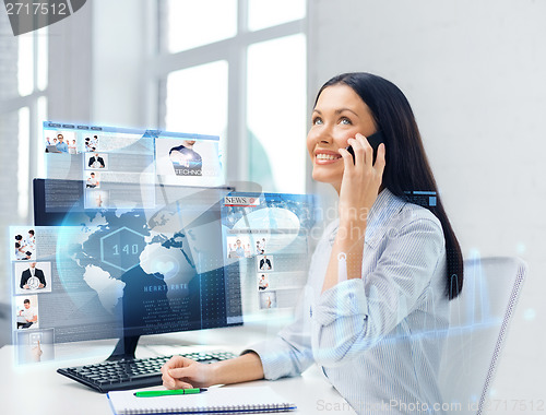 Image of smiling businesswoman or student with smartphone