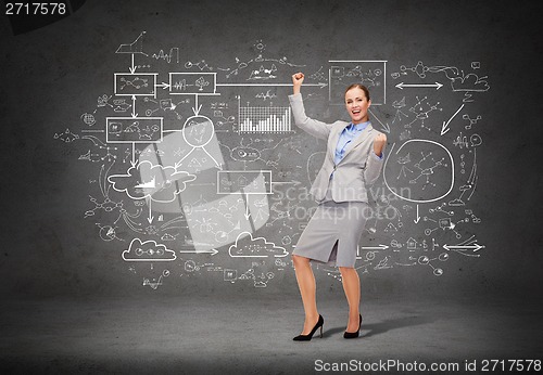 Image of happy businesswoman with hands up