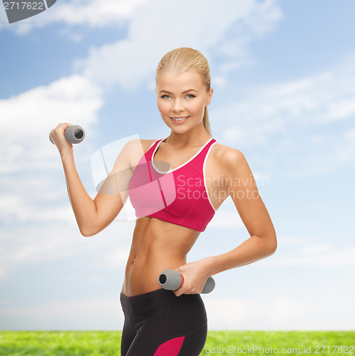 Image of young sporty woman with light dumbbells