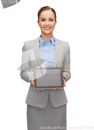 Image of businesswoman with blank black tablet pc screen