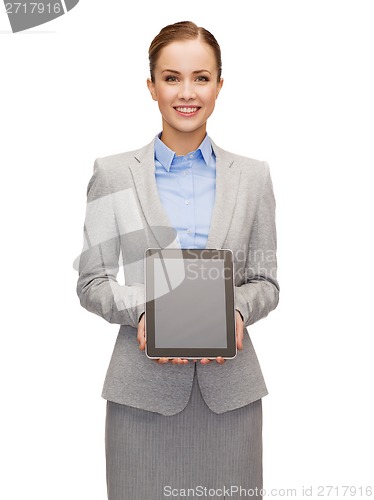 Image of businesswoman with blank black tablet pc screen