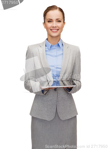 Image of young businesswoman with blank tablet pc screen