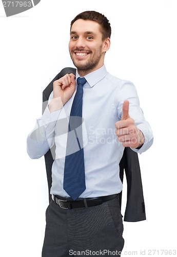 Image of handsome buisnessman with jacket over shoulder