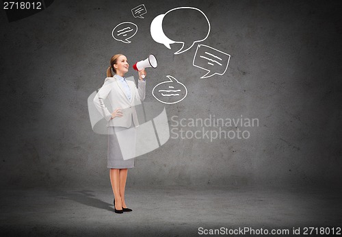 Image of smiling businesswoman with megaphone