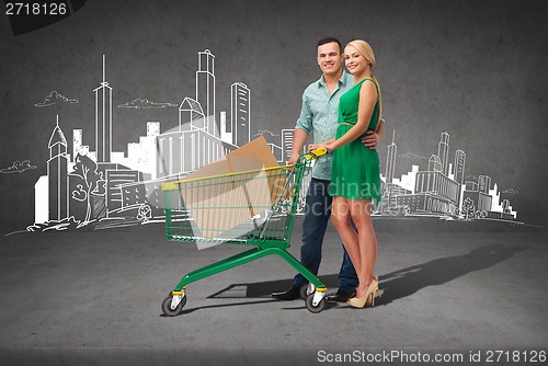 Image of smiling couple with shopping cart and big box