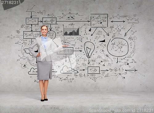 Image of businesswoman showing big plan on concrete wall