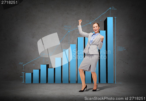 Image of happy businesswoman with hands up
