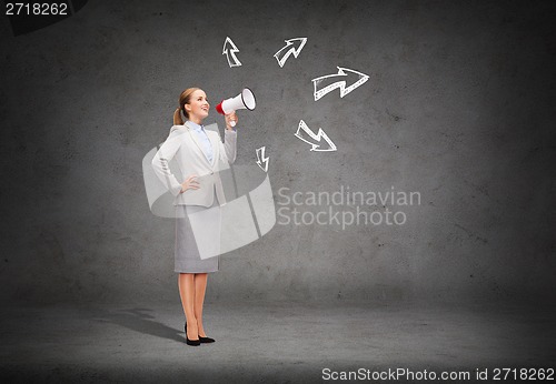 Image of smiling businesswoman with megaphone