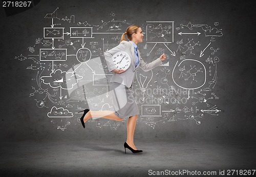 Image of smiling young businesswoman with clock running