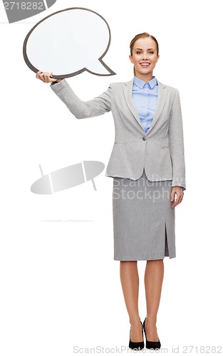 Image of smiling businesswoman with empty text bubble