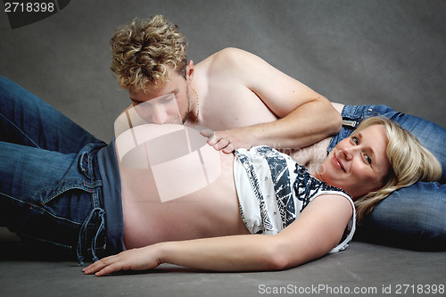 Image of Loving happy couple, pregnant woman with her husband