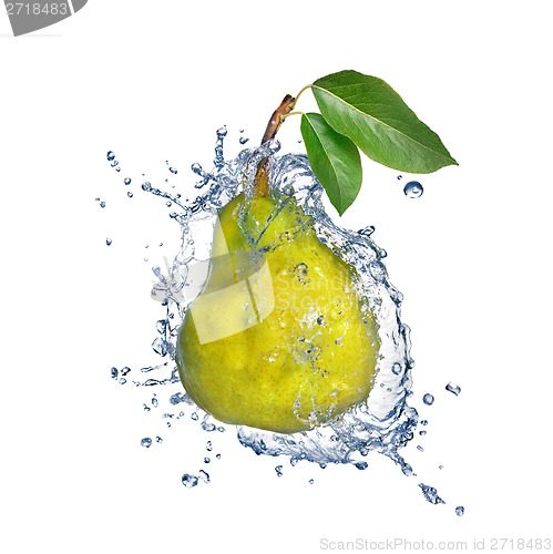 Image of yellow pear with water splash isolated on white