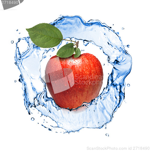 Image of red apple with leaves and water splash isolated on white