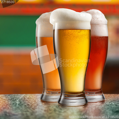 Image of Different beer in glasses in pub