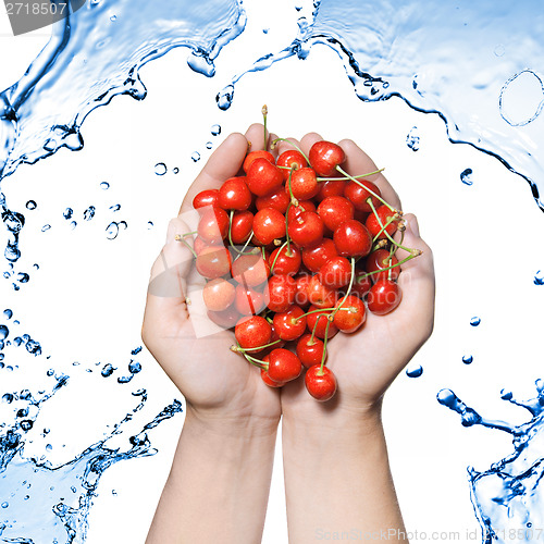 Image of hands holding red cherry isolated on white