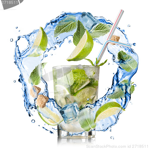 Image of mohito - water splash with mint, lime and sugar isolated on whit