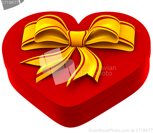 Image of heart shaped box with golden bow for gift