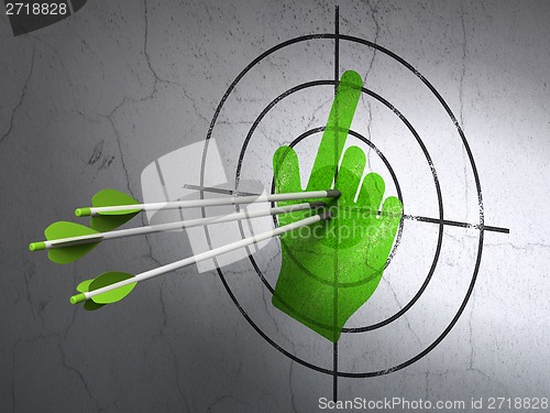 Image of Social network concept: arrows in Mouse Cursor target on wall background