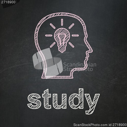 Image of Education concept: Head With Lightbulb and Study on chalkboard background