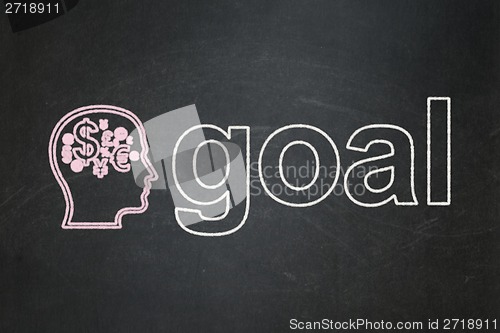 Image of Advertising concept: Head With Finance Symbol and Goal on chalkboard background