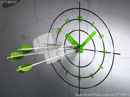 Image of Time concept: arrows in Clock target on wall background