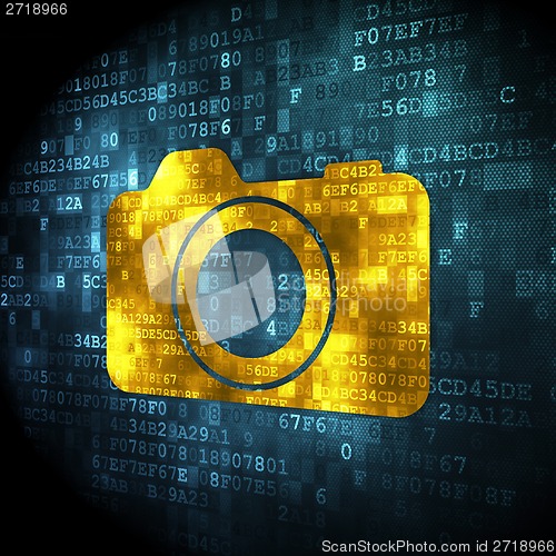 Image of Tourism concept: Photo Camera on digital background