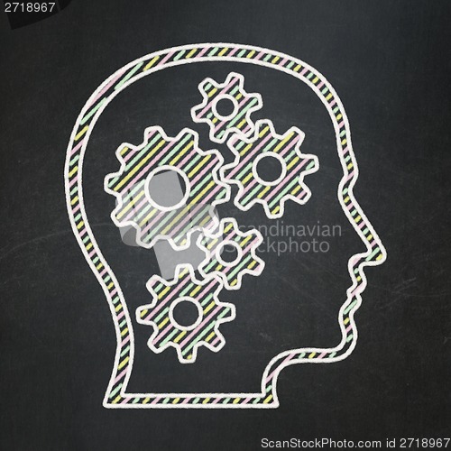 Image of Advertising concept: Head With Gears on chalkboard background