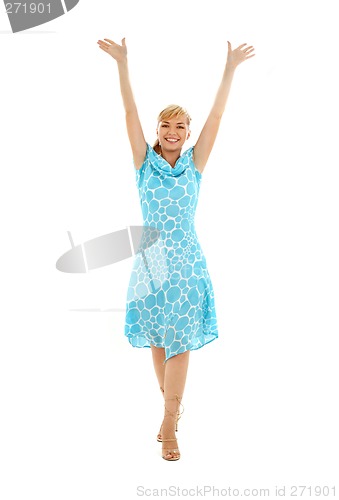 Image of happy girl in blue dress with hands up