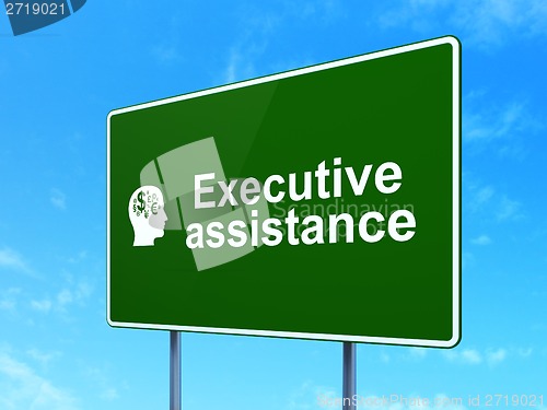 Image of Finance concept: Executive Assistance and Head With Finance Symbol on road sign background