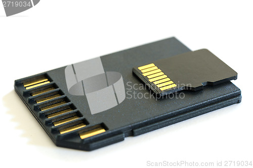 Image of Black microSD memory card and SD card adapter