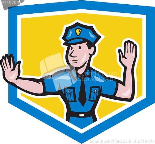 Image of Traffic Policeman Stop Hand Signal Shield Cartoon