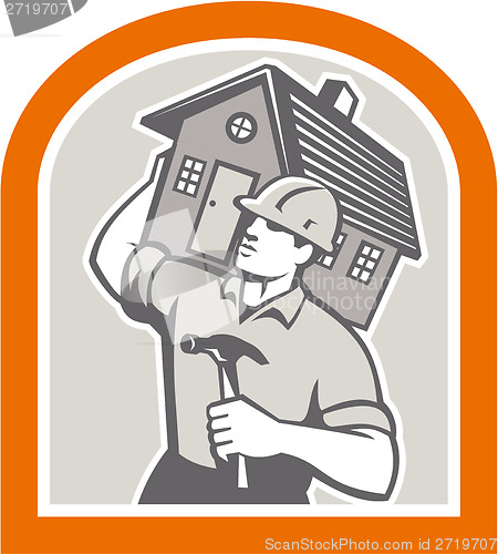 Image of Carpenter Builder Carrying House Retro