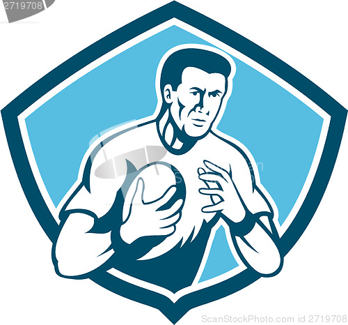 Image of Rugby Player Running Ball Shield Cartoon