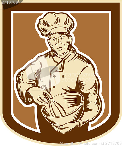 Image of Baker Chef Cook Mixing Bowl Woodcut Retro
