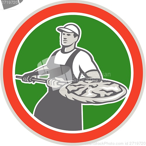 Image of Baker Holding Peel With Pizza Circle Retro