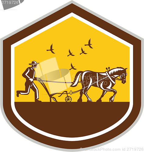 Image of Farmer and Horse Plowing Field Shield Retro