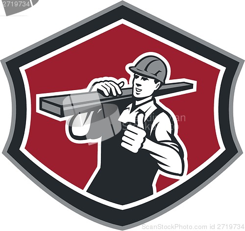Image of Builder Carpenter Carry Timber Thumbs Up Retro