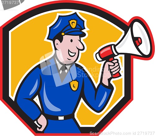 Image of Policeman Shouting Bullhorn Shield Cartoon