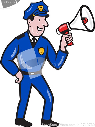 Image of Policeman Shouting Bullhorn Isolated Cartoon