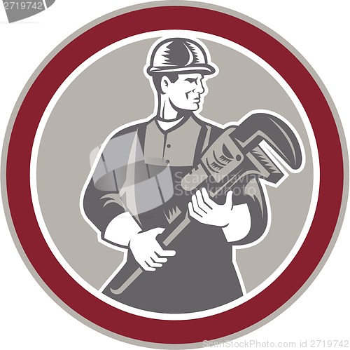 Image of Plumber Holding Giant Wrench Woodcut Circle