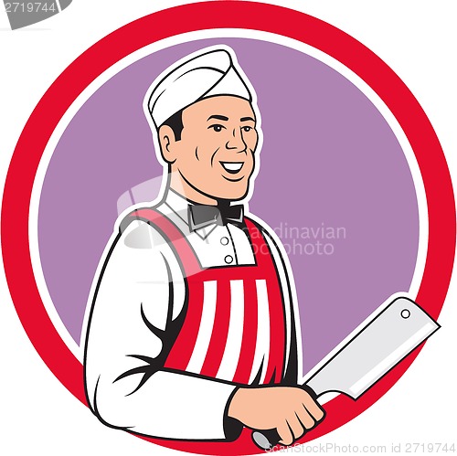 Image of Butcher Holding Meat Cleaver Circle Cartoon